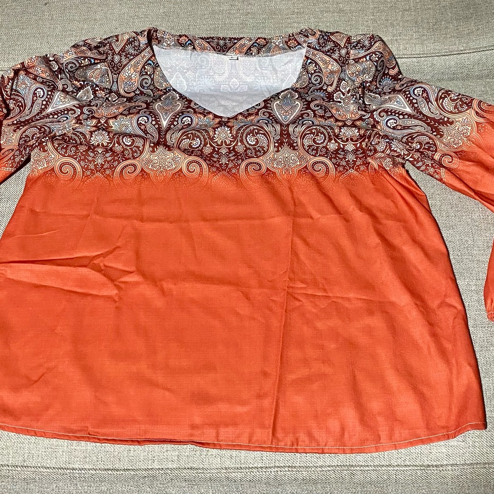 Paisley Contrast V-Neck Long Sleeve Top - Orange